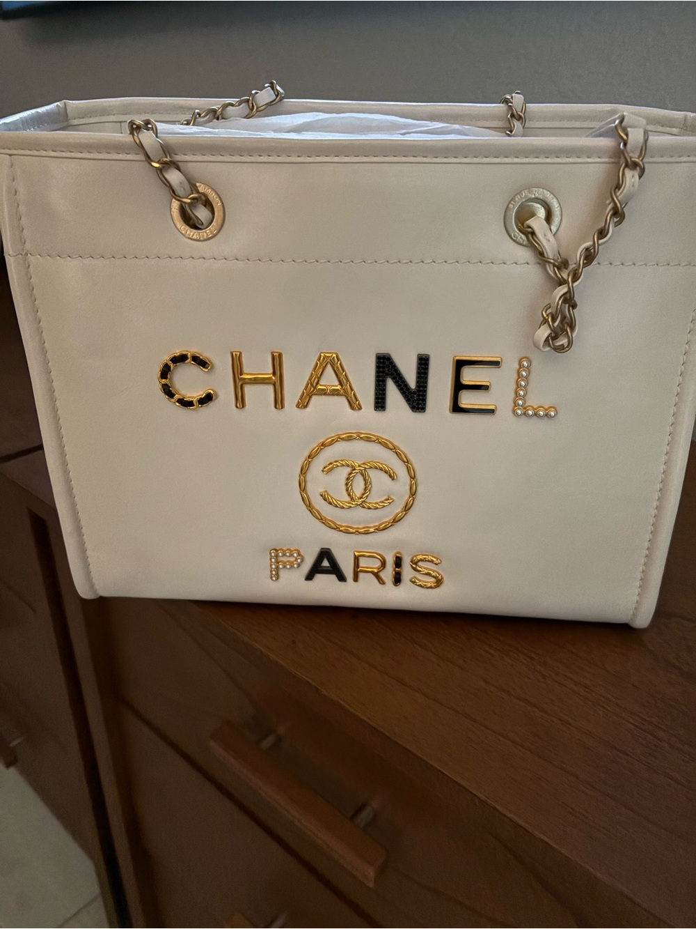 CHANEL Cream Leather Logo Tote with Gold Chain Handles